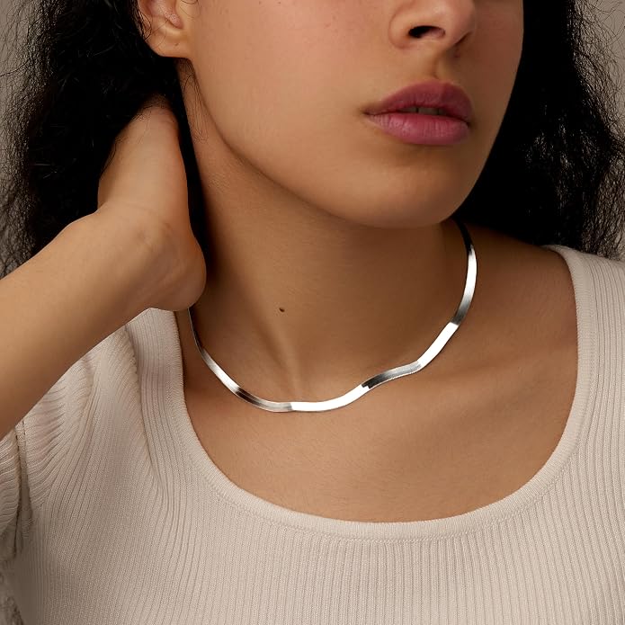 WomenGifts 14K Gold Silver Plated Herringbone Necklace for Women, Dainty Snake Chain Choker, Trendy Simple Long Layered Jewelry Non Tarnish, 3/4/5/8mm,14,16,18,20,22,24,26 Inch Thin & Chunky Options