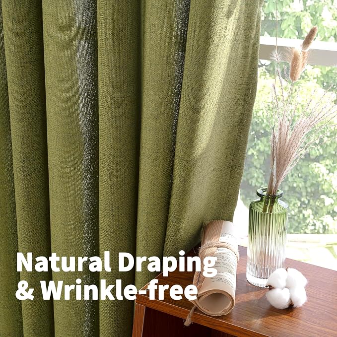YoungsTex Green Linen Curtains 45 Inches Length, Short Window Drapes Light Filtering with Bronze Grommet for Kitchen Bedroom Decorative, 42 x 45 Inch, 2 Panels