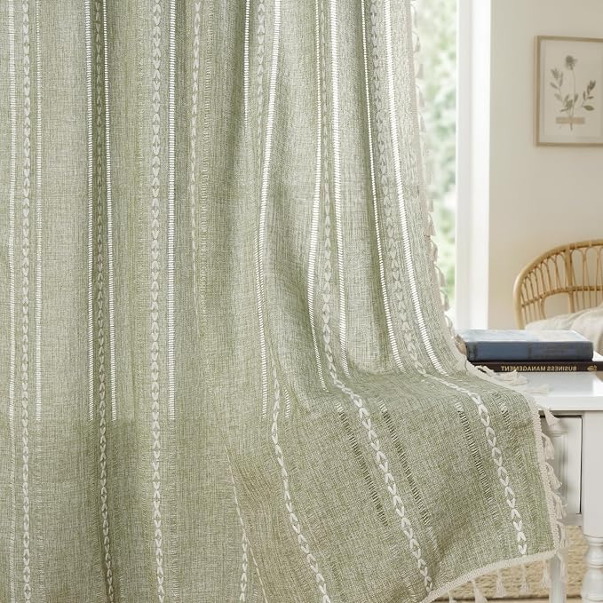 ColorBird Sage Green Boho Linen-Textured Floor to Ceiling Curtains for Living Room Sliding Door Light Filtering Farmhouse Whimsical Embroidered Striped Drapes 96 Inches for Nursery Bedroom