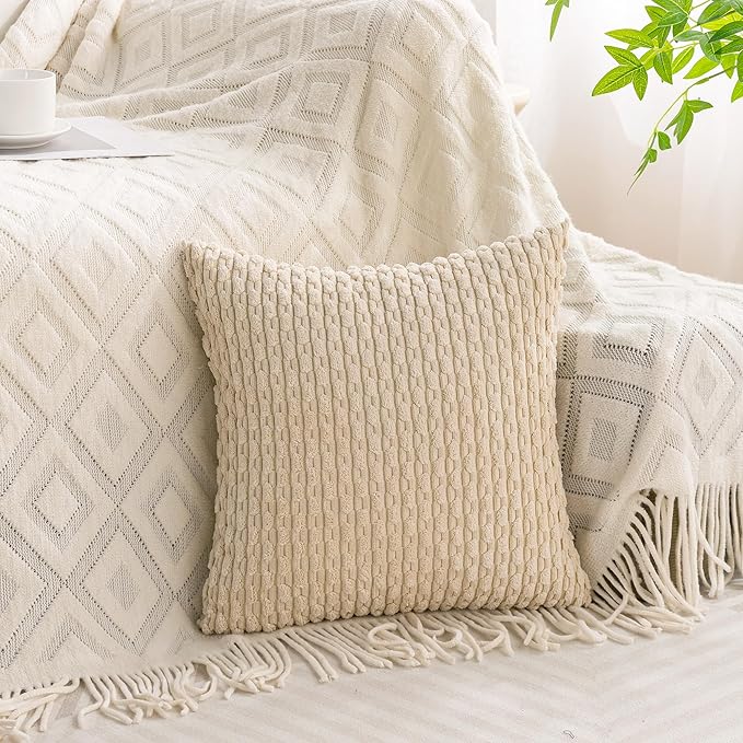 Set of 4 Beige Brown Coffee Decorative Throw Pillow Covers 16x16 Inch Corduroy Pillow Covers for Bed Couch Sofa Living Room Soft Square Cushion Cases