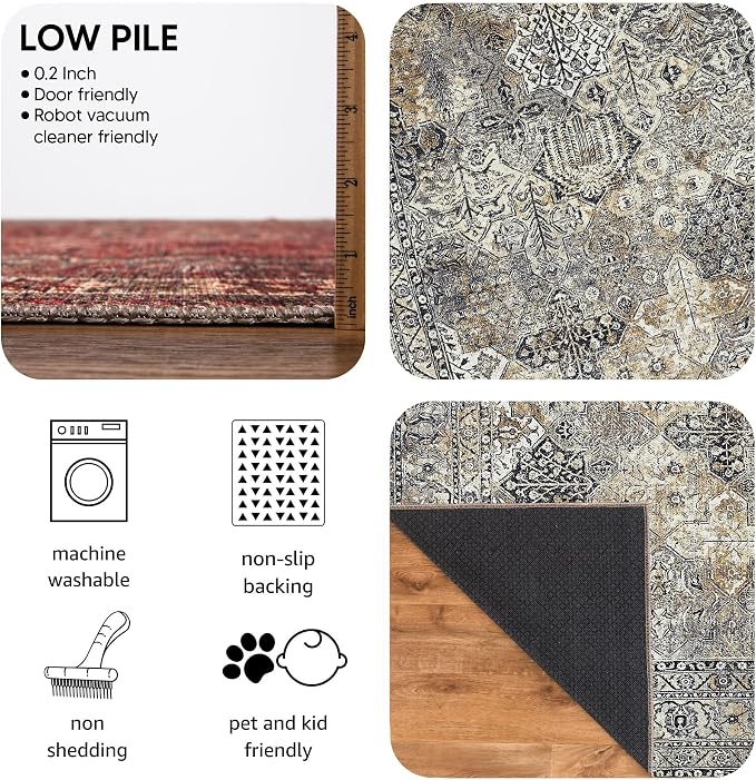 Keen Home Design 8x10 Rug - Machine Washable Area Rug with Non-Slip Backing, Ideal for Living Room, Dining Room, Bedroom - Vintage, Easy Clean, Durable, Low Pile Rug - (8' x 10')