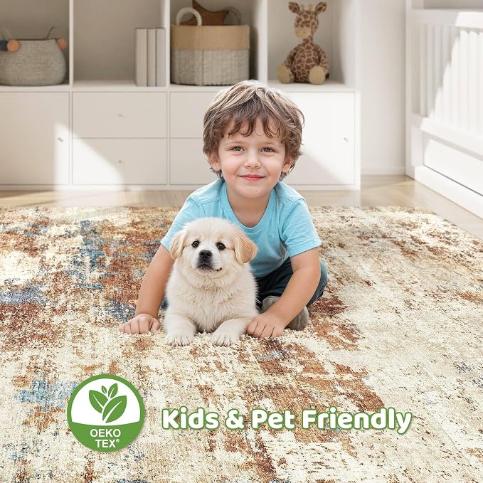 5x7 Area Rugs Washable Rug: Large Abstract Modern Soft Stain Resistant Indoor Floor Non-Slip Accent Carpet for Living Room Bedroom Nursery Playroom Dining Room Office Dorm Home House- Blue Orange