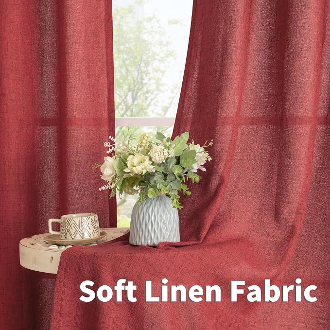 YoungsTex Burgundy Red Linen Curtains 80 Inch Length for Living Room, Light Filtering Window Drapes Semi Sheer with Bronze Grommet Privacy for Bedroom, 52 x 80 Inch, 2 Panels