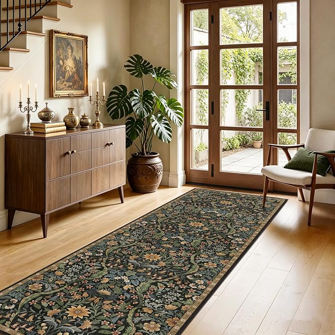 2’6”x8’ Washable Runner Rug,Black Brown Floral Boho Area Rug for Hallway,Low-Pile Non-Slip Stain Resistant Carpet for Kitchen, Bedside,Laundry Room,Entryway