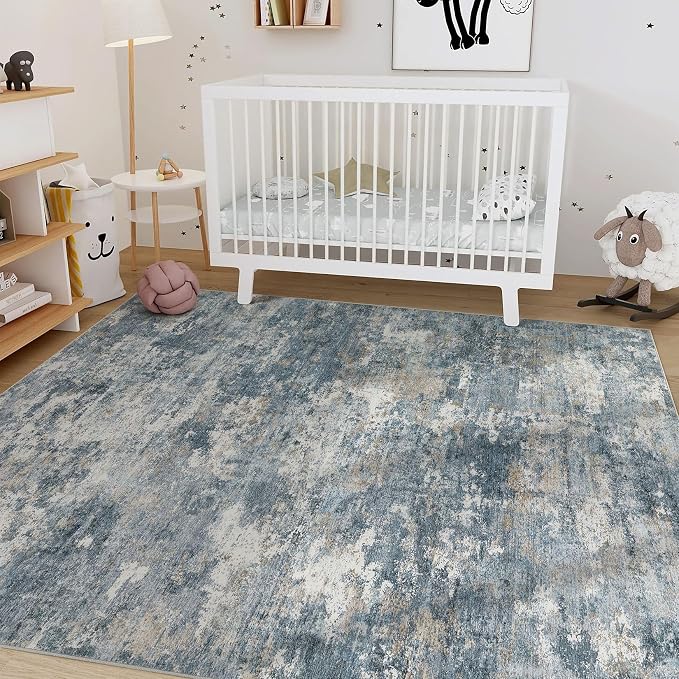 Nakagishi 10x14 Area Rugs Living Room: Washable Abstract Large Neutral Soft Rug Stain Resistant Modern Indoor Floor Non-Slip Carpet for Bedroom Nursery Kids Playroom Office Dining Room Dorm-Blue Brown