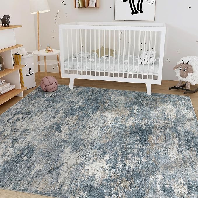 Nakagishi 6x9 Area Rugs Living Room: Washable Abstract Large Neutral Soft Rug Stain Resistant Modern Indoor Floor Non-Slip Carpet for Bedroom Nursery Kids Playroom Office Dining Room Dorm-Blue Brown