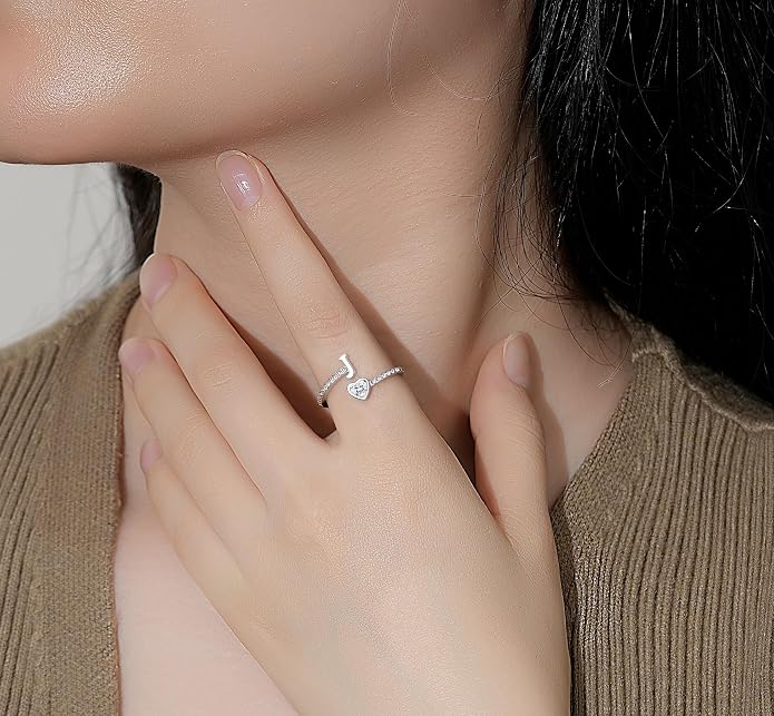 Step Forward 925 Sterling Silver Adjustable Initial Ring for Women | Non Tarnish Letter Rings for Lady | Alphabet Heart Thumb Rings | Capital Letter Jewelry Gifts