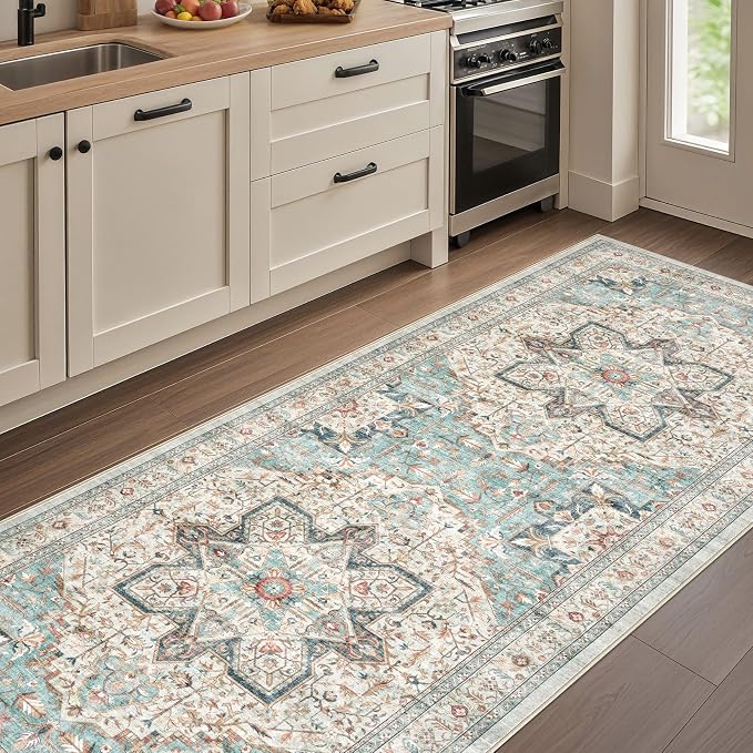 Tortania Area Rug 3x8 Runner Rugs - Washable Vintage Oriental Farmhouse Thin Indoor Carpet for Living Room Bedroom Hallway Entryway Kitchen Under Dining Table Home Office - Aqua Multi