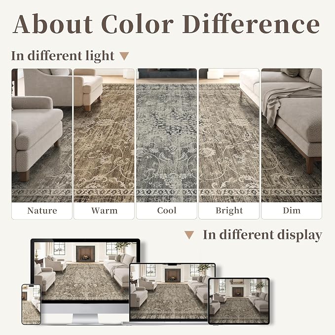 Living Room Rugs 8x10, Vintage Medallion Carpet for Bedroom, Brown | TTelephant Low Pile Indoor Area Rug for Dining Room with Non-Slip Silicone Backing, Non-Shedding Stain Resistant