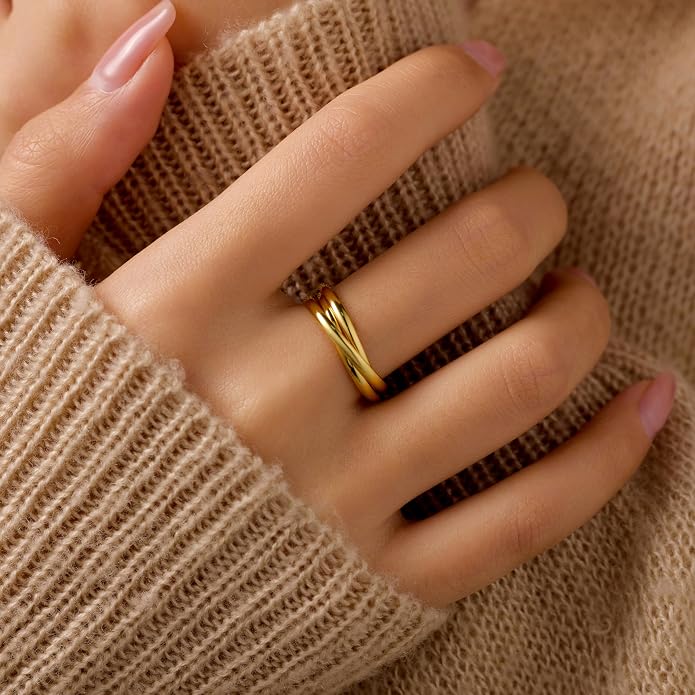 14K Gold Plated Interlocking Fidget Anxiety Ring 925 Sterling Silver Stackble Rings for Women Men Rolling Triple Spinner Ring Minimalist Trendy Knuckle Rings Jewelry Birthday Graduation Gifts