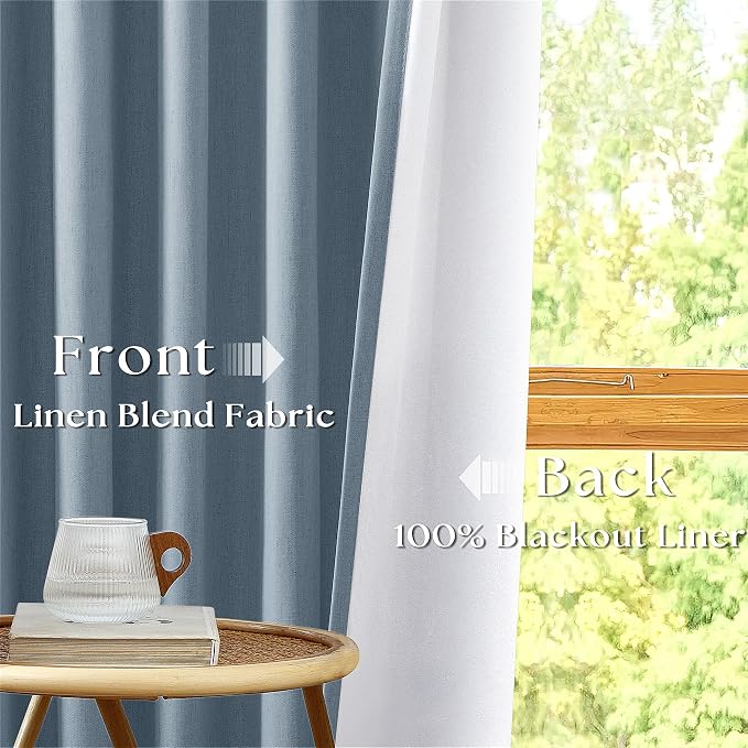 Dusty Blue 100% Black Out Pinch Pleated Linen 63 Inch Curtains with Liner | Memory Trained, Thermal Insulated, Heat Blocking, Blackout Curtains for Small Window Dining Room Bedroom 2 Panels W40xL63