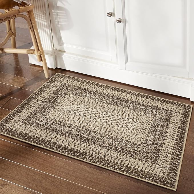 RUGSREAL Entryway Rug 2x3 Small Bedside Throw Mat with Rubber Backing Machine Washable Living Room Rug Non Slip Bathroom Mat Stain Resistant Braided Print Carpet for Dining Room Kitchen Hallway, Camel