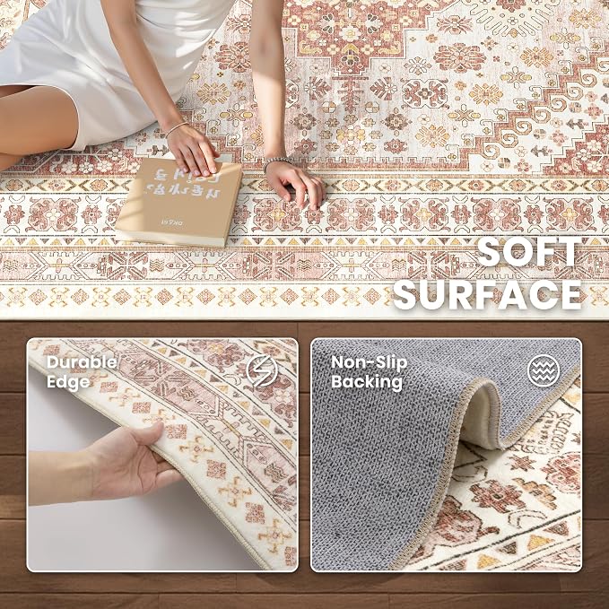 zesthome 9x12 Area Rugs for Living Room,Non-Slip Backing Washable Rugs,Vintage Large Area Rug，Stain Resistant Home Decor Rug