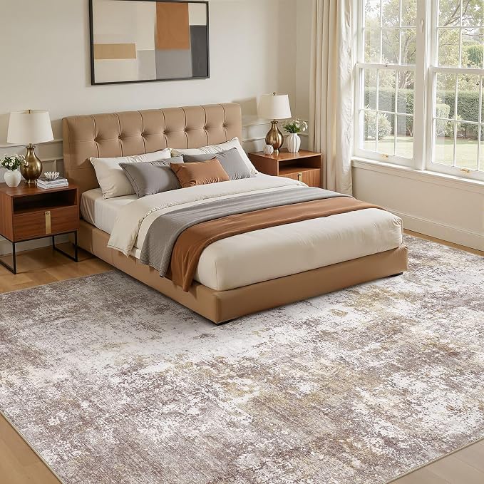 10x12 Large Area Rugs for Living Room, Washable Soft High-Low Pile | Neutral Modern Abstract Carpet, Non Slip Lightweight Made for Dining Room, Nursery, Home Office Indoor Decor - Gold Brown