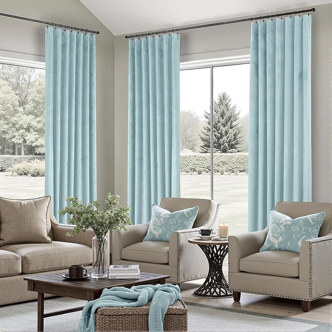 Extra Long Light Blue Velvet Blackout Curtains 108 Inch Length 2 Panel for Large Window Living Room Spring Back Tab Pocket Cold Blocking Heavy Ceiling Floor Winter Drape for Bedroom Patio Sliding Door