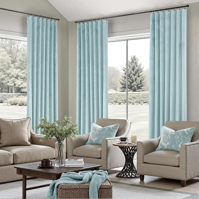 Light Blue Velvet Room Darkening Curtains 96 Inches Long for Living Room Bedroom Pale Blue Sky Noise Reducing Light Blocking Black Out Thermal Insulated Summer Heat Privacy Drapes 2 Panels Back Tab