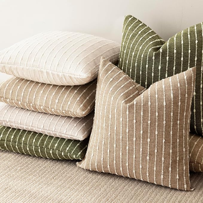 Foindtower Pack of 2 Decorative Jacquard Boucle Throw Pillow Covers Accent Textured Striped Pillowcases Cozy Modern Cushion for Couch Sofa Bedroom Living Room Home Decor 18x18 Inch Olive Green