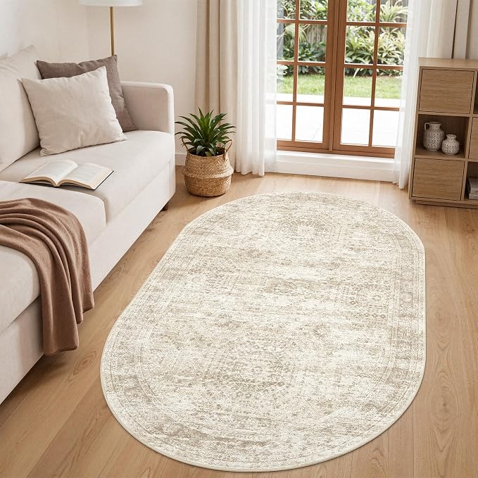 3x5 Oval Rug for Bedroom,Washable Area Rug,Beige | Small Rug for Dining Room,Living Room,Dorm,Thin,Soft, Neutral Rug,Stain Resistant Indoor Carpet,Non Slip