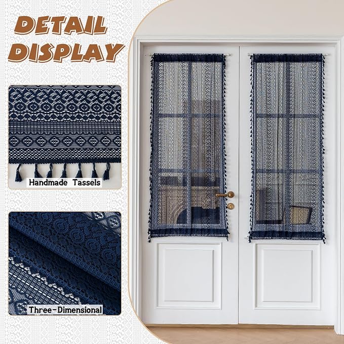Sutuo Home Navy Blue French Door Curtains for Door Window 72 Inch Length 2 Panels, Farmhouse Semi Sheer Bohemian Tassels Vintage Privacy Drapes Decor for Patio & Sidelights, Rod Pocket 25" W x 72" L