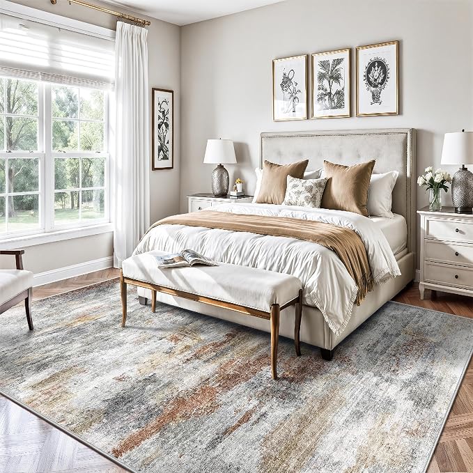 5x7 Area Rugs, Abstract Morden Soft Washable Rug, Non-Slip Low Pile Rugs for Living Room, Bedroom, Dining Room, Home, Office(Grey & Brown)
