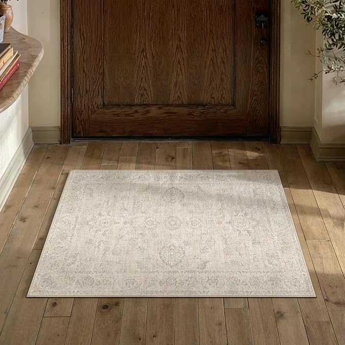 2x3 Cream Washable Area Rug for Entryway Neutral Floral Soft Non Slip Small Carpet Low Pile Distressed Door Mat for Entrance Bathroom Bedroom Indoor
