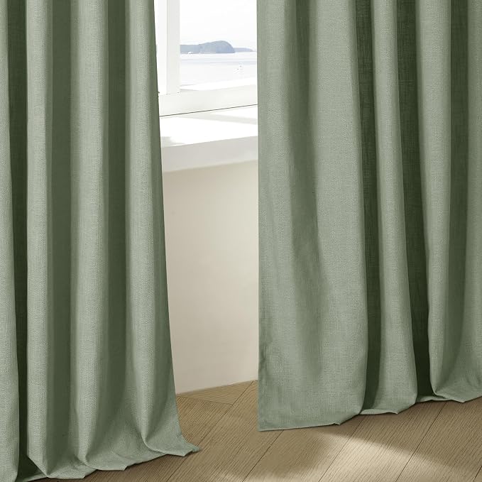Sage Green Pinch Pleated Linen Semi Sheer Curtains 45 Inch Length 2 Panels | for Kitchen Small Bay Window Basement, Pinch Pleated with Hooks Rings Back Tab, Memory Shape, Thick Linen Semi Sheer, W40xL45