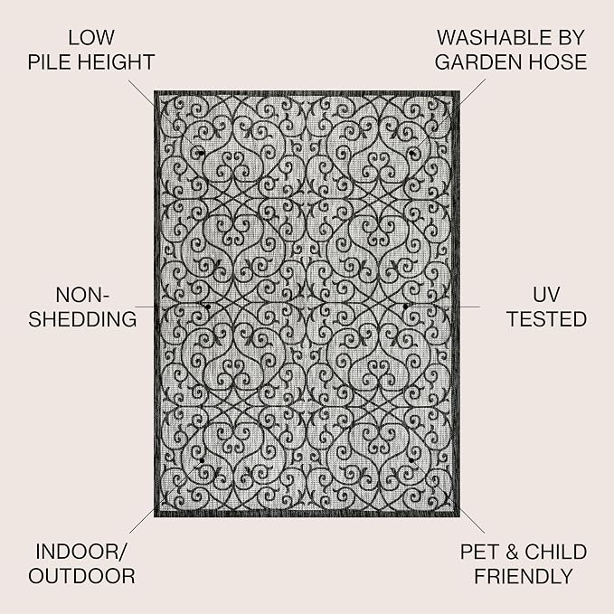 JONATHAN Y Vintage Filigree Indoor Outdoor Area Rug 5X8 Light Gray/Black, Madrid Textured Weave for Backyard, Patio, Porch, Easy-Cleaning, High Traffic, Pet-Friendly, Non-Shedding (SMB107E-5)