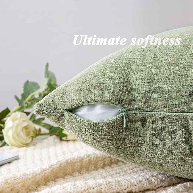 GAWAMAY Decorative Chenille Throw Pillow Covers 26x26 Inch Pack of 2, Soft Square Couch Pillow Cover for Sofa Cushion Living Room Bedroom Oversized Pillowcases Sage Green 66x66cm (ONLY Covers)