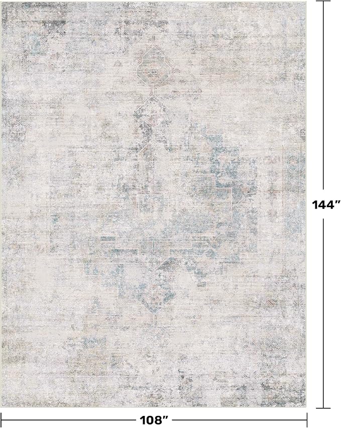 9x12 Washable Area Rug for Living Room, Large Light Blue Vintage Medallion Rug, Non Slip Low Pile Stain Resistant Carpet for Bedroom Dining Room, Soft Distressed Neutral Home Decor