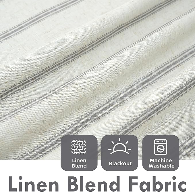 DriftAway Farmhouse Stripe Blackout Curtains, W52xL102, Gray | Blackout, Linen Texture, Stripe Pattern, Rod Pocket & Back Tab, Two Layers, Bedroom Living Room Use, Sound Reducing Design