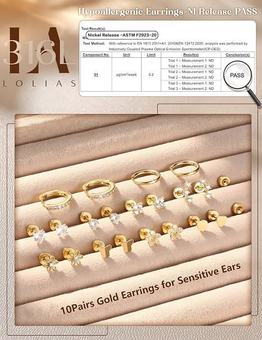 LOLIAS Flat Back Earrings for Women Girls - Hypoallergenic Surgical Stainless Steel Earrings for Sensitive Ears 14K Gold Plated Heart Flower Stud Earring Set Small Huggie Hoop Cartilage Earring Stacks