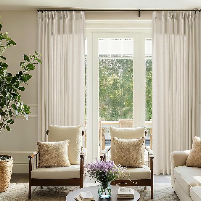 Sheer Linen Curtain 90 Inches Long 72 Inch Wide Pinch Pleated Drape | for Living Dining Room Patio Sliding Glass Door, Greyish Beige Oatmeal, Semi Sheer Privacy Drapes, with Hooks Rings, 72x90
