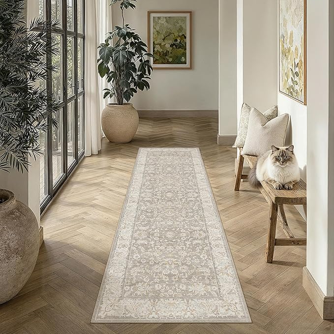 2x8 Taupe Washable Runner Rug Non Slip Retro Distressed Carpet | Soft Low Pile, Lightweight Foldable, Pet Friendly, Hallway, Kitchen, Bathroom, Front Door, Beside Bed