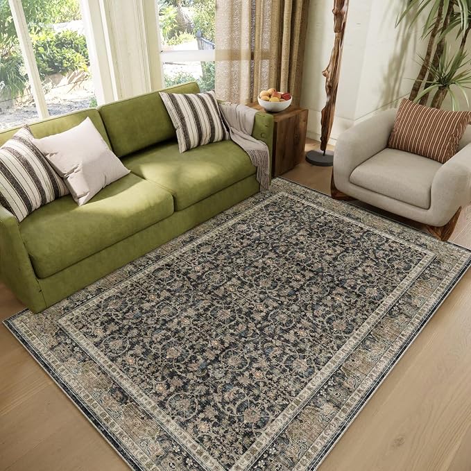Washable 4x6 Rugs, Boho Vintage Non-slip Distress Rugs, Black/Navy Blue | 0.3" Neutral Throw Rugs for Bedroom Kitchen Nursery Living Room, Cushioned Area Rug for High-traffic