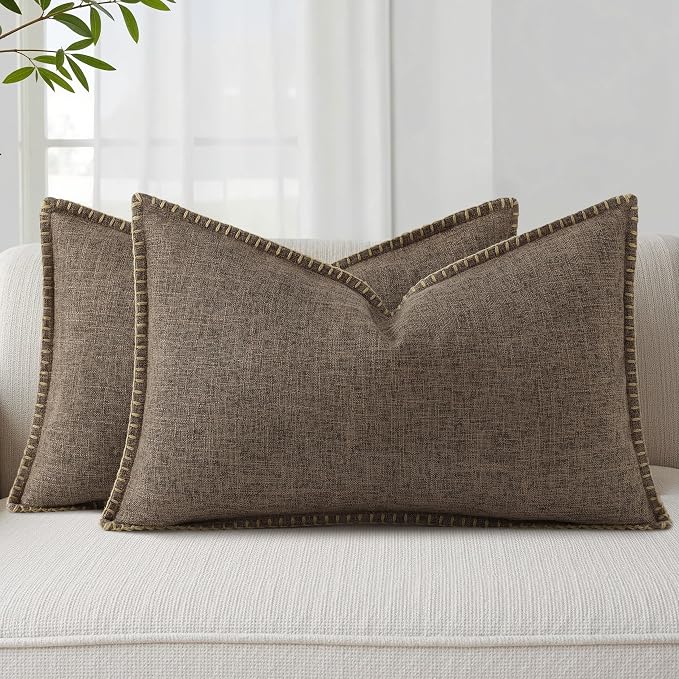 decorUhome Chocolate Faux Linen Outdoor Throw Pillow Covers 12x20 Set of 2 | Fall Decorative Textured Neutral Modern Farmhouse Pillow Covers with Stitched Edge for Couch Sofa Bed Living Room