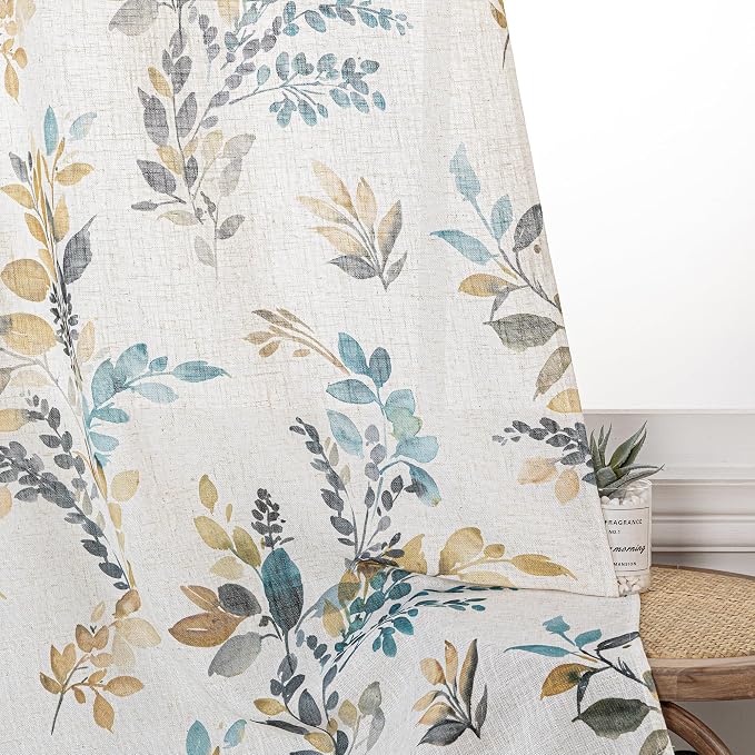 MYSKY HOME Floral Linen French Door Curtains 72 inch Long 2 Panels for Front Door Light Filtering Privacy Semi Sheer Window Curtains with Rod Pocket, Yellow and Blue, 24" W Each Panel