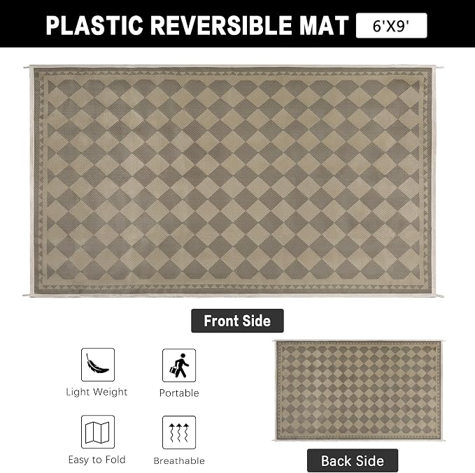 HUGEAR 6x9 Outdoor Rug Waterproof Checkered Patio Rug Home Decor Reversible Plastic Straw Black and Brown Rugs Outside Indoor Floor Mat for Camping Balcony RV Deck Porch Balcony Backyard