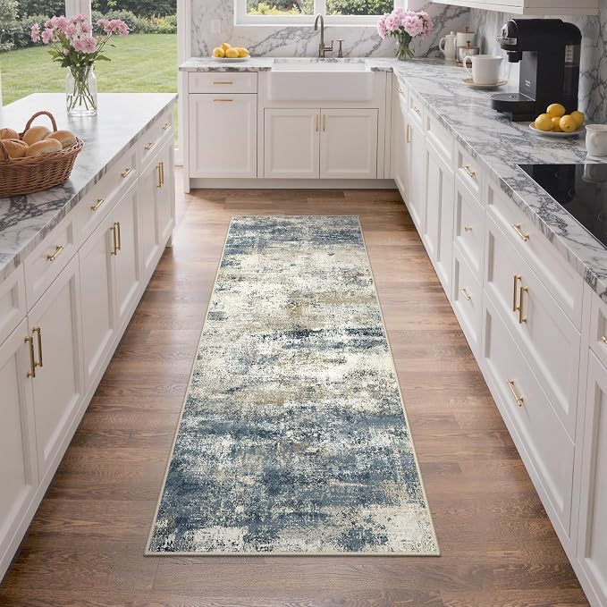 GENIMO Runner Rug Non Slip 2x8, Washable Rug Runner for Hallways Kitchen, Abstract Modern Kitchen Rugs, Low Pile Lightweight Carpet Runners for Entryway, Bedroom, Laundry, Navy Blue
