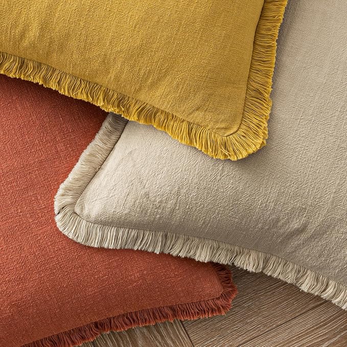 MIULEE Decorative Throw Pillow Covers Neutral Linen Fringe Throw Pillows Set of 2 Burnt Orange Boho Farmhouse Cushion Covers with Tassels for Couch Sofa Bed Living Room Fall Home Decor 20x20 Inch