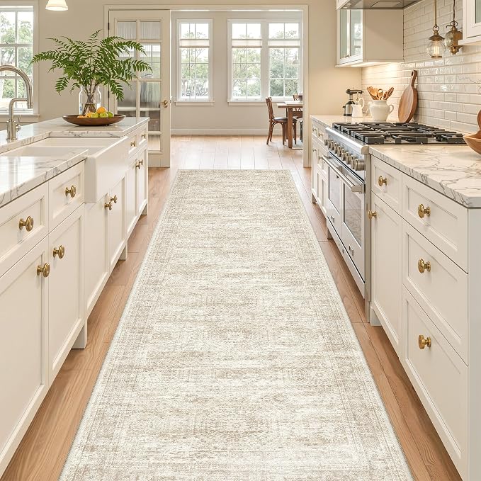 2'6 x 10' Runner Rug Non Slip,Washable Kitchen Rugs,Beige | 10 ft Runner Rug for Hallway,Entryway,Bedroom,Bathroom,Living Room,Thin,Soft, Long Rug,Stain Resistant Indoor Carpet