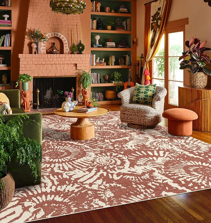 BLISSA Boho Living Room Rug - 8x10 Soft Washable Bedroom Area Rug Non-Slip Low-Pile Terracotta Modern Farmhouse Rugs for Living Room Bedroom Nursery Foyer Dining Room Rugs Under Table Large Carpet