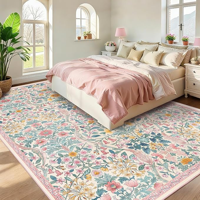 9x12 Pink Vintage Floral Area Rug,Washable Large Boho Living Room Rugs,Botanical Print Non-Slip Stain Resistant Lightweight Carpet for Bedroom Dining Room Nursery