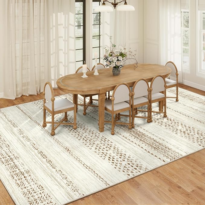 Miukiki 8x10 Area Rug for Living Room Moroccan Washable Rugs Non Slip Indoor Floor Carpet Foldable Large Soft Area Rug for Dining Room Bedroom with Low Pile(Brown,8'x10')