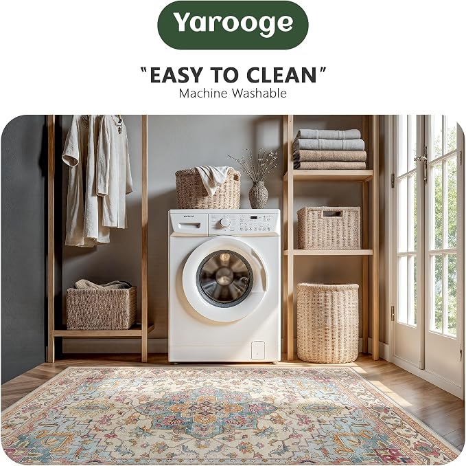 8x10 Area Rugs for Living Room - Washable Rug Vintage Distress Boho Medallion Rugs for Bedroom, Soft Non-Slip Backing Low Pile Carpet for Dining Room Office Nursery Home, Vintage Orange