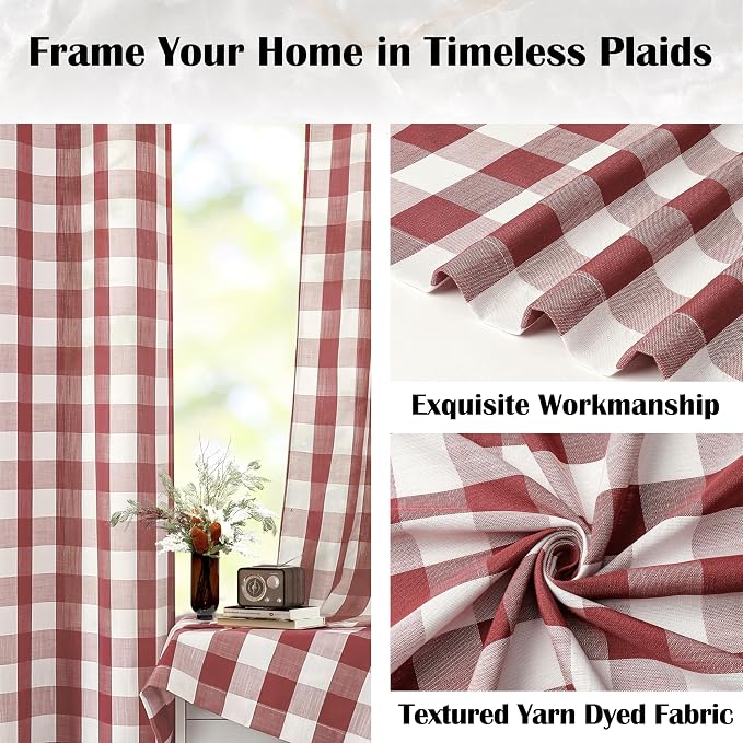 Red Gingham Buffalo Plaid Window Curtain Panel 63 Inch Rod Pocket | Burgundy Buffalo Check Window Treatment,Yarn Dyed Semi Sheer Fabric,Rustic Farmhouse Drapes Bedroom Living Room,40"Wx63"Lx2