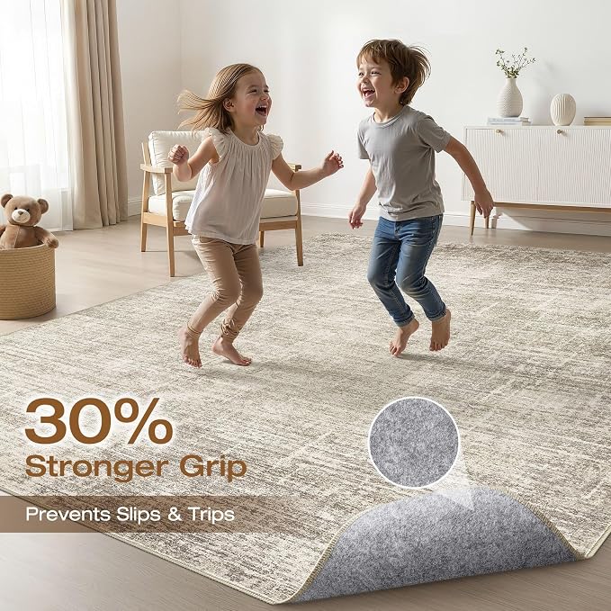 10x12 Area Rug Living Room: Washable Large Neutral Brown Rugs Abstract Soft Modern Stain Resistant Indoor Floor Non-Slip Carpet for Bedroom Nursery Kids Office Playroom Dining Room Under Table Home