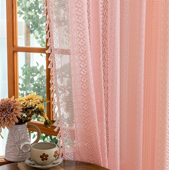 Sutuo Home Boho Sheer Curtains 96 inches Long for Living Room Dining Room, Lace Curtains Farmhouse Crochet Vintage Chic Princess Drapes Tassels Valentine's Decor Rod Pocket, 2 Panels 50" W,Light Pink