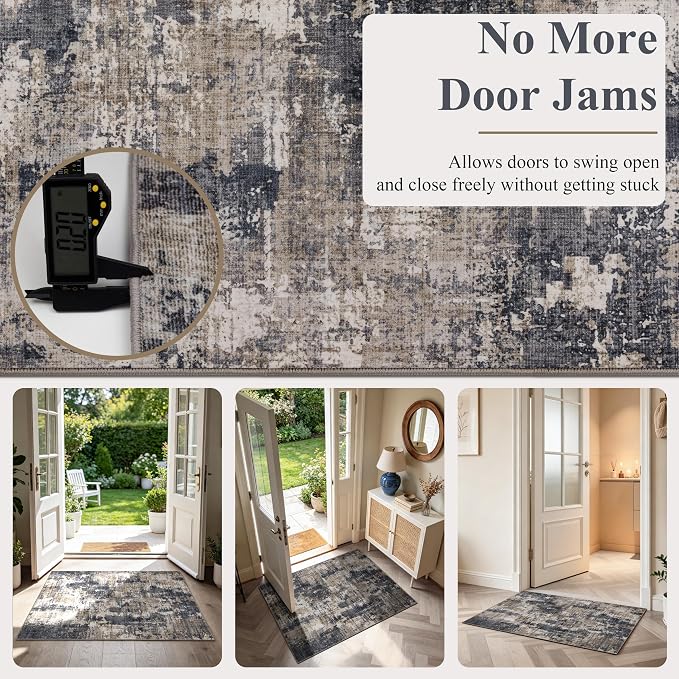 Sasttie 2x3 Area Rug for Entryway, Washable Modern Abstract Small Carpet for Living Room Bedroom Door-mat, Soft Entry Rug with Non-Slip Backing, Black and Beige