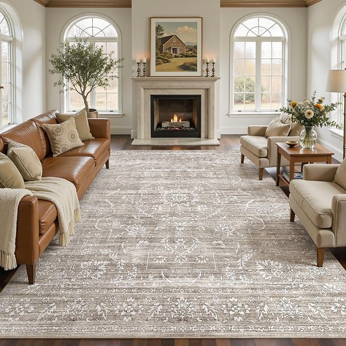 Nakagishi 8x10 Area Rugs Living Room: Washable Large Vintage Rug Neutral Non-Slip Soft Stain Resistant Indoor Carpet for Bedroom Nursery Dining Room Office Playroom - Light Brown