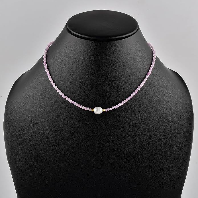 InfinityGemsArt Gemstone Gold Necklace For Women, Birthstone Natural Crystal Stone With Freshwater Pearl Beaded Jewelry, Gold Plated 18 Inch Chain